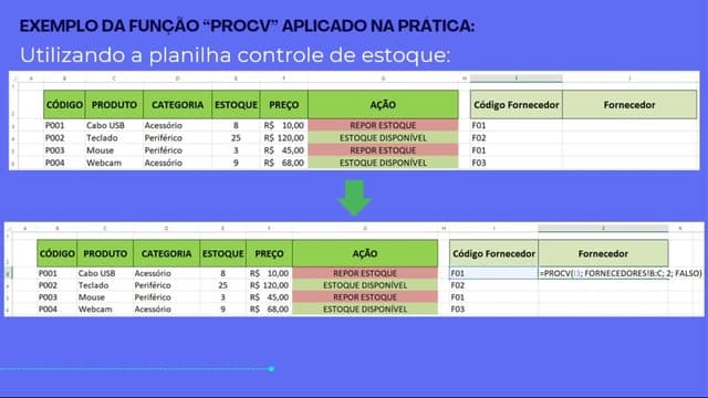 Print real da aula de Excel analisada: a coluna Fornecedor com a fórmula =PROCV(I3; FORNECEDORES!B:C; 2; FALSO) na célula — a fórmula completa nunca é dita em voz alta
